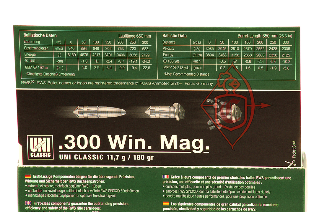 Патрон нарезной RWS калибр 300 Win Mag пуля UNI Classic
